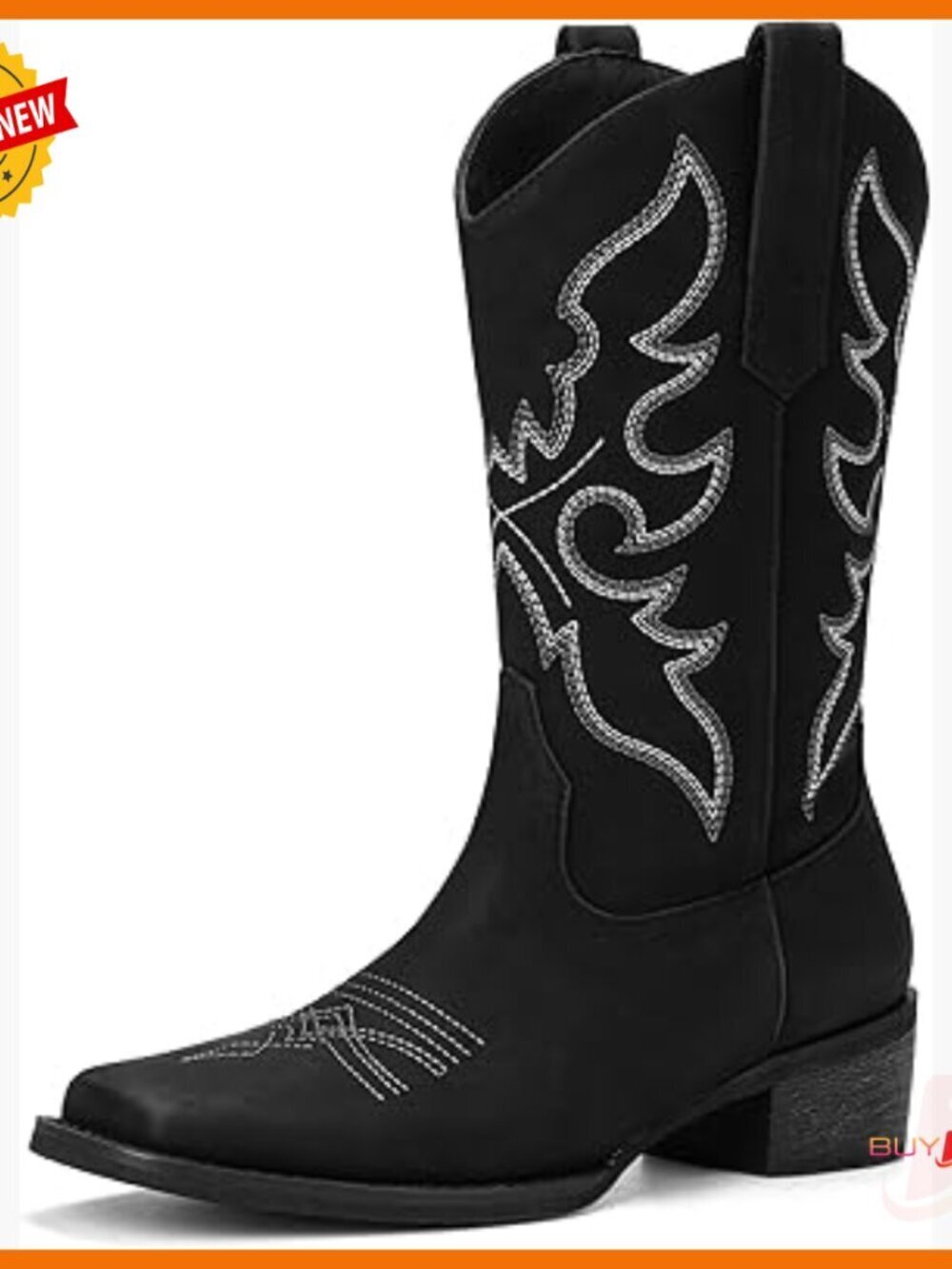 Women's Square Toe Cowboy Boots Mid Calf Western Embroidery Pull On
